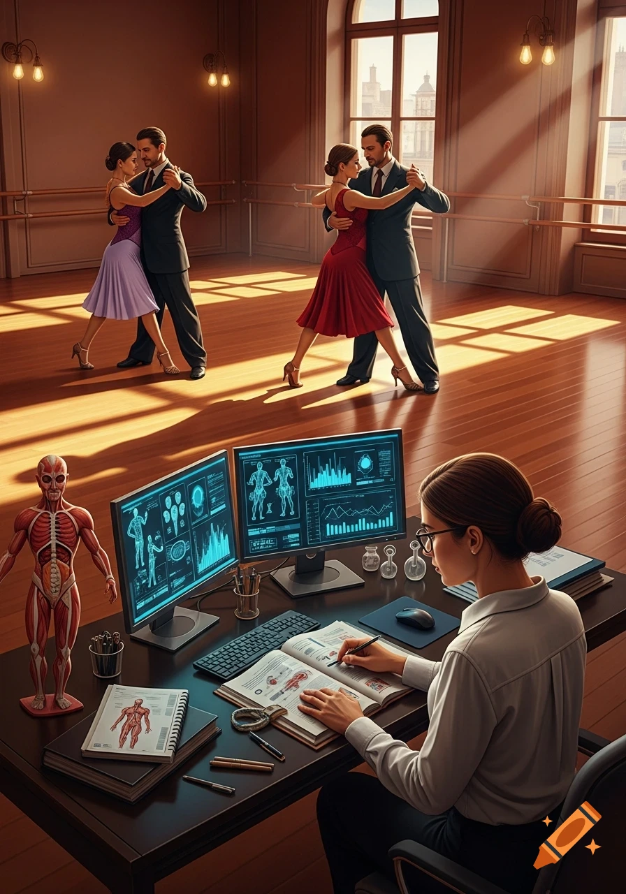 A researcher studies human anatomy and data on monitors, while two couples dance tango in a sunlit studio, depicting the benefits of dance.