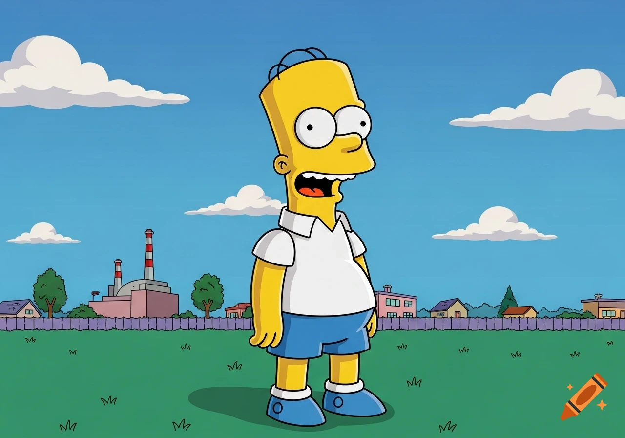 A cartoon boy with yellow skin, white shirt, blue shorts, and spiky black hair stands in a green field with a factory and houses in the background.