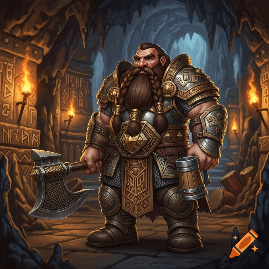 A muscular fantasy dwarf with a braided beard, holding an axe and a wooden mug, stands in a torch-lit cave.