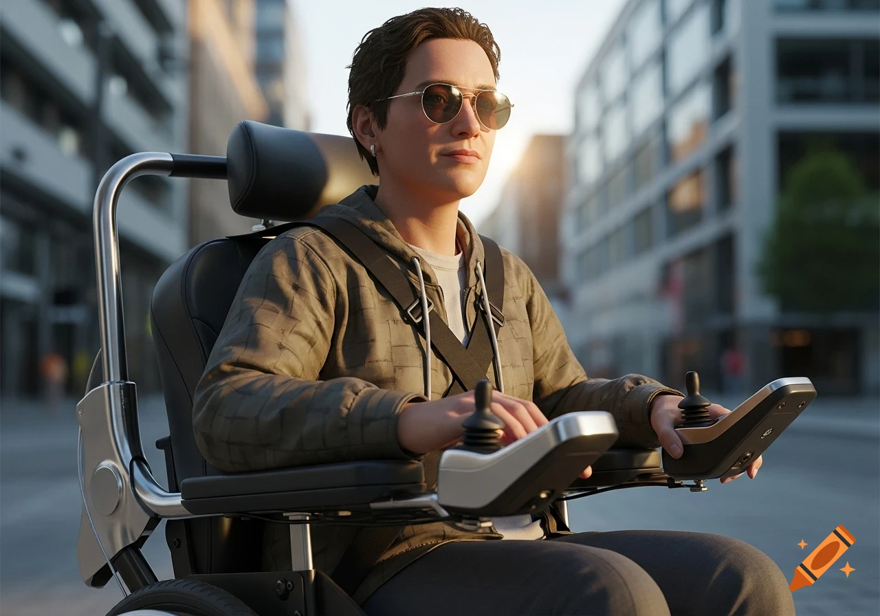 A person in sunglasses and a hooded jacket operates a modern electric wheelchair on an urban street at sunset, photorealistic style.