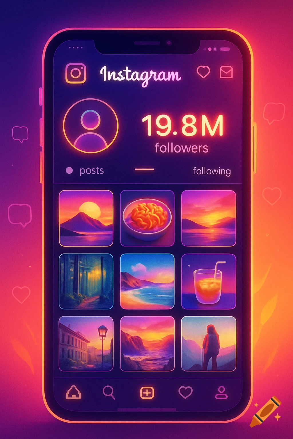 Neon-style smartphone displaying an Instagram profile with "19.8M followers" and a grid of colorful stylized images.