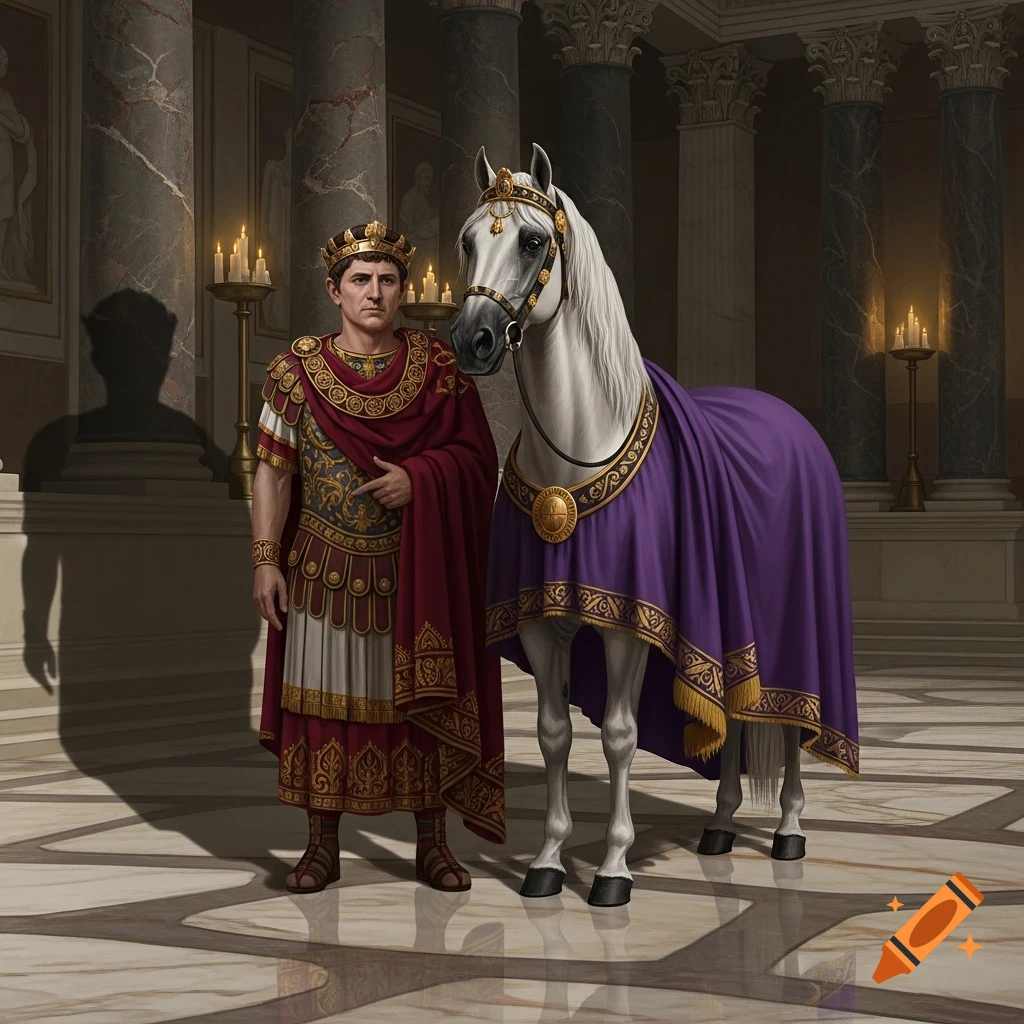 A Roman emperor in a crown and elaborate robes stands next to a white horse draped in purple in a grand marble hall.