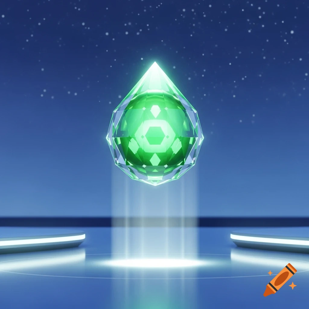 A glowing, faceted green plumbob gem floats above a bright circular platform in a dark blue, starry background.