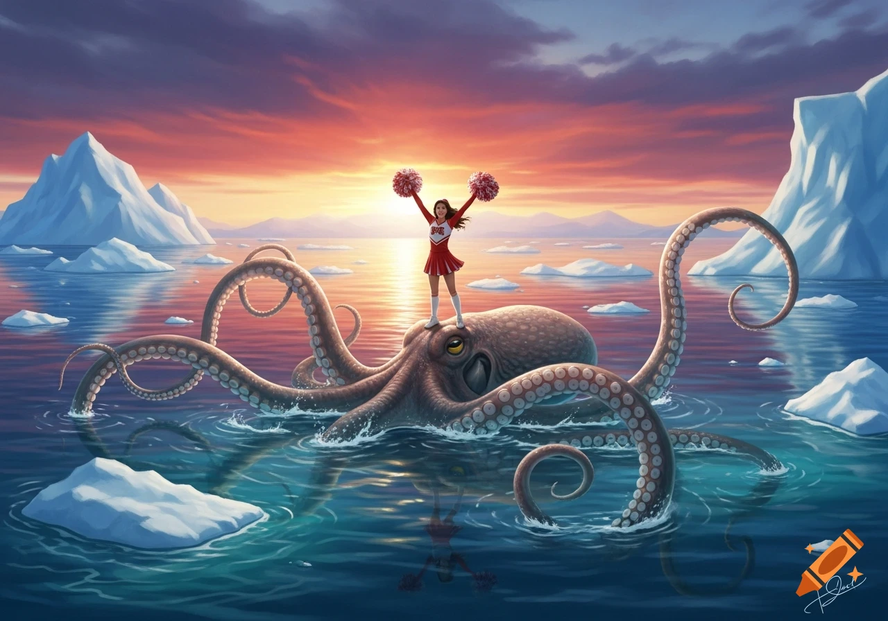 A cheerleader stands triumphantly on a large octopus in icy Antarctic waters under a vibrant sunset.