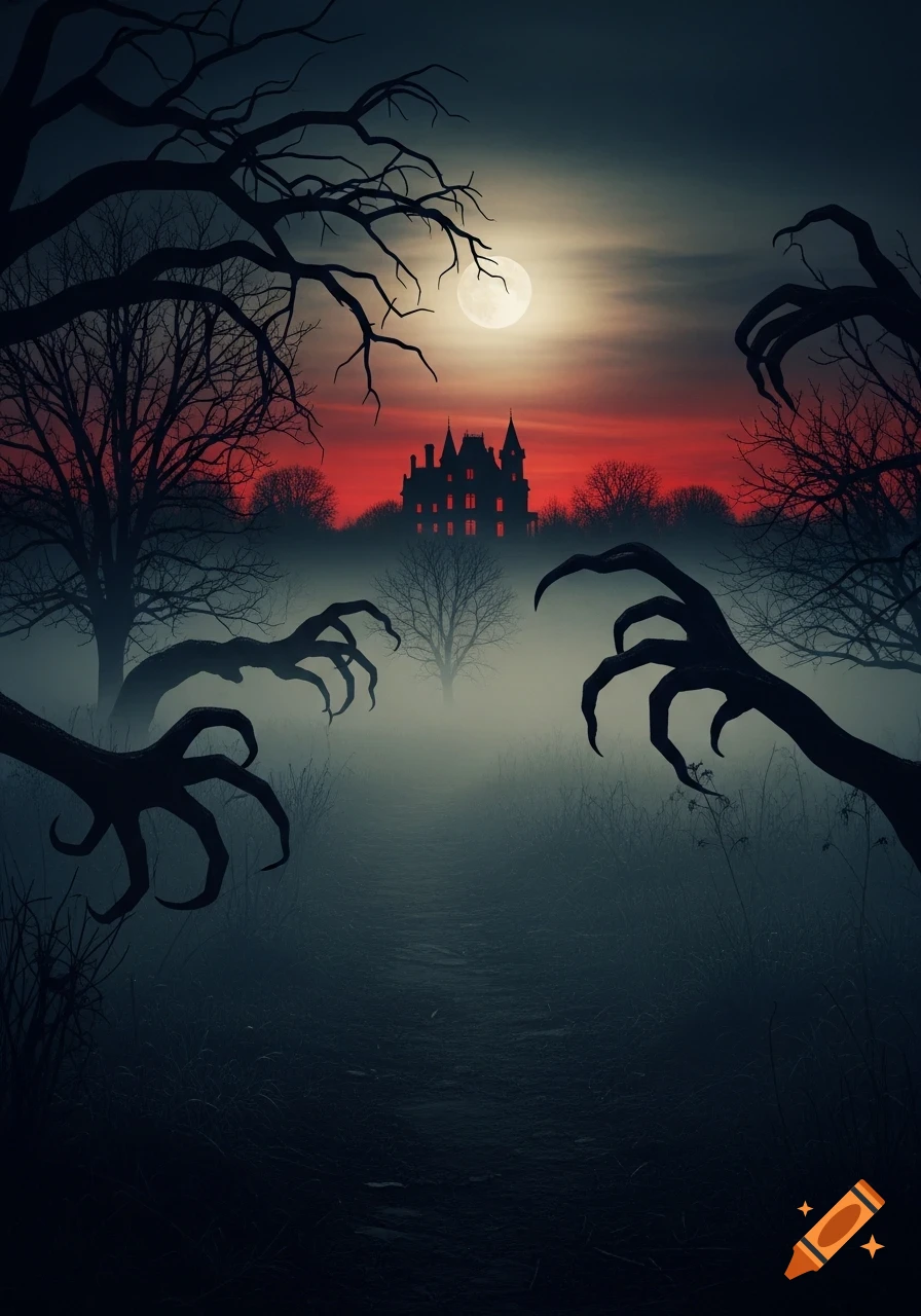 A spooky haunted mansion with glowing windows, gnarled tree branches, and monster hands reaching out from a misty, moonlit landscape with a red sky.
