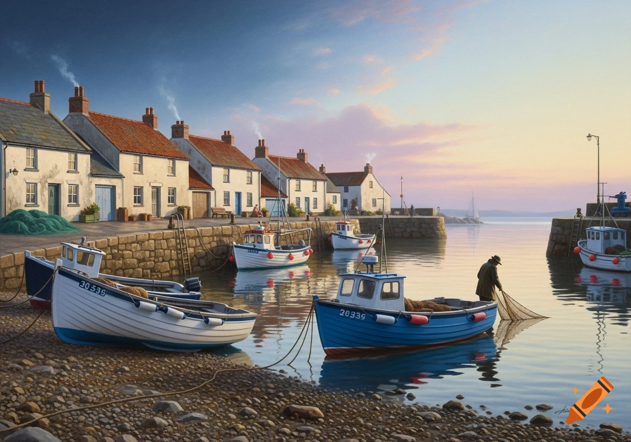 Realist painting of a tranquil Cornish village quayside at sunset, with fishing boats on the shore and in the calm harbor.