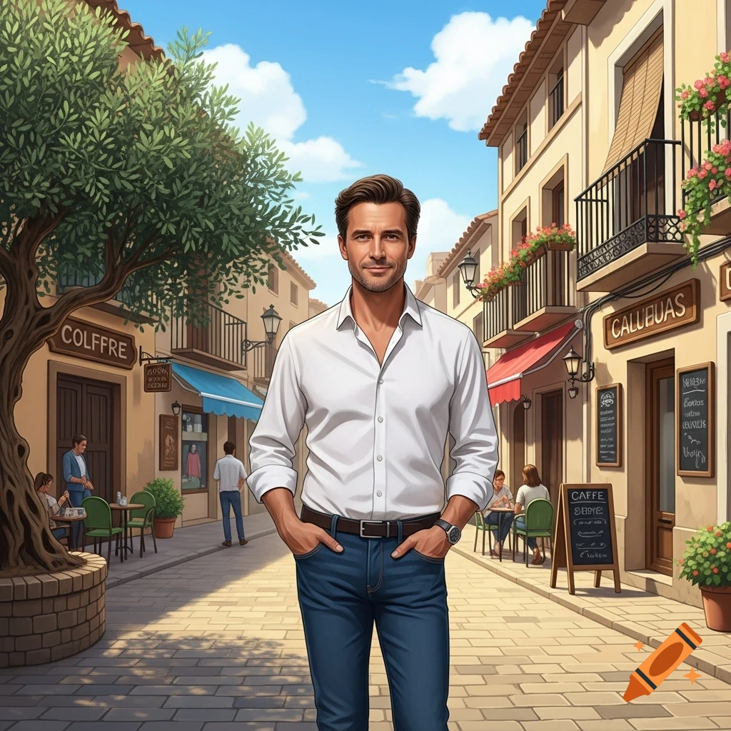 A casually dressed man stands on a sunny European street lined with traditional buildings and an olive tree.
