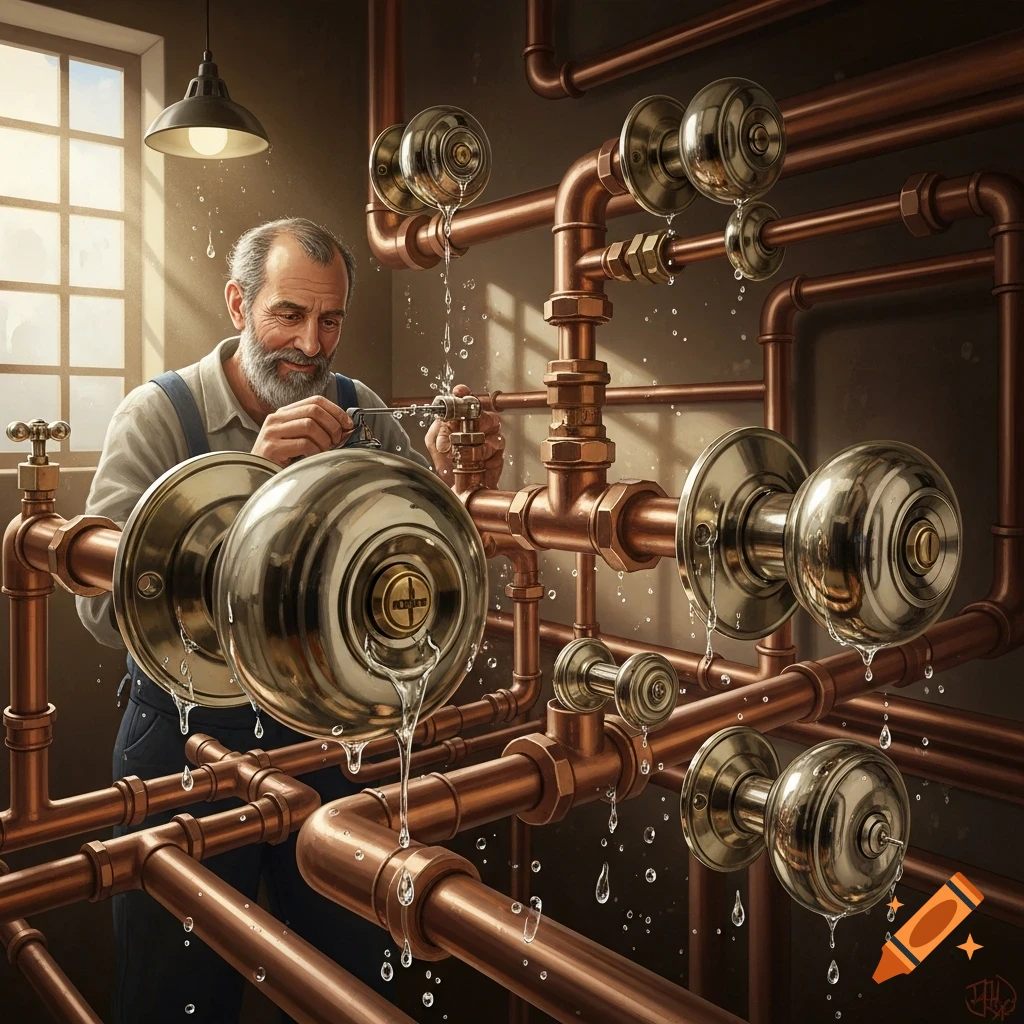 A bearded man repairs surreal copper pipes adorned with leaking doorknobs in a detailed, illustrative style.