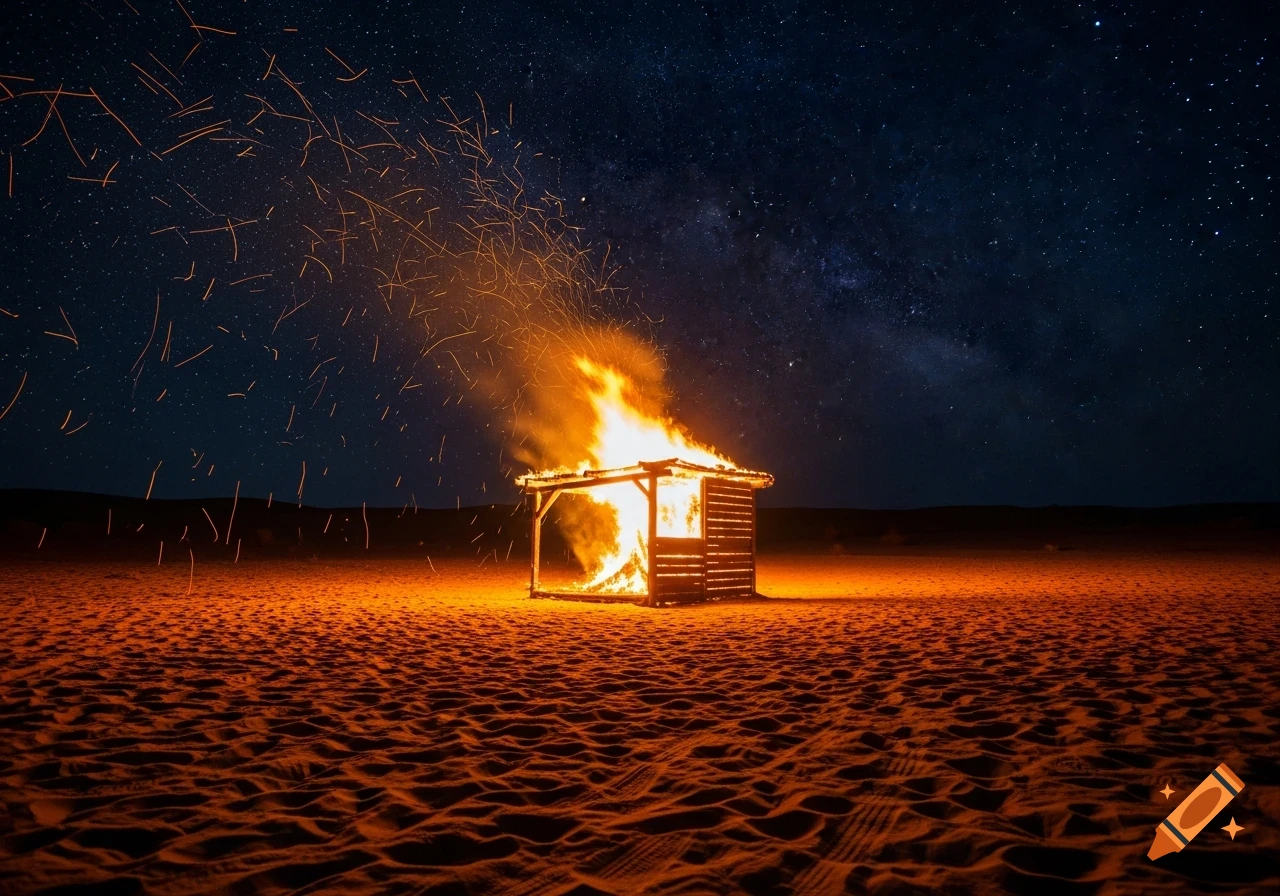 A wooden shelter burning brightly in a vast sandy desert under a starry night sky, with sparks flying upwards.