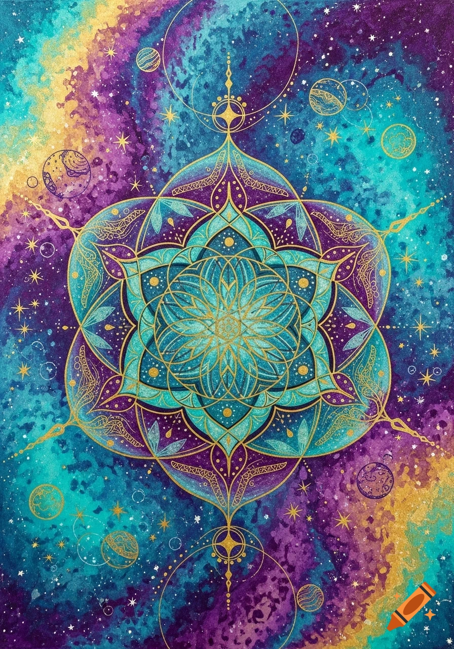 Intricate golden mandala with teal and purple accents against a swirling galaxy background with stars and planets.