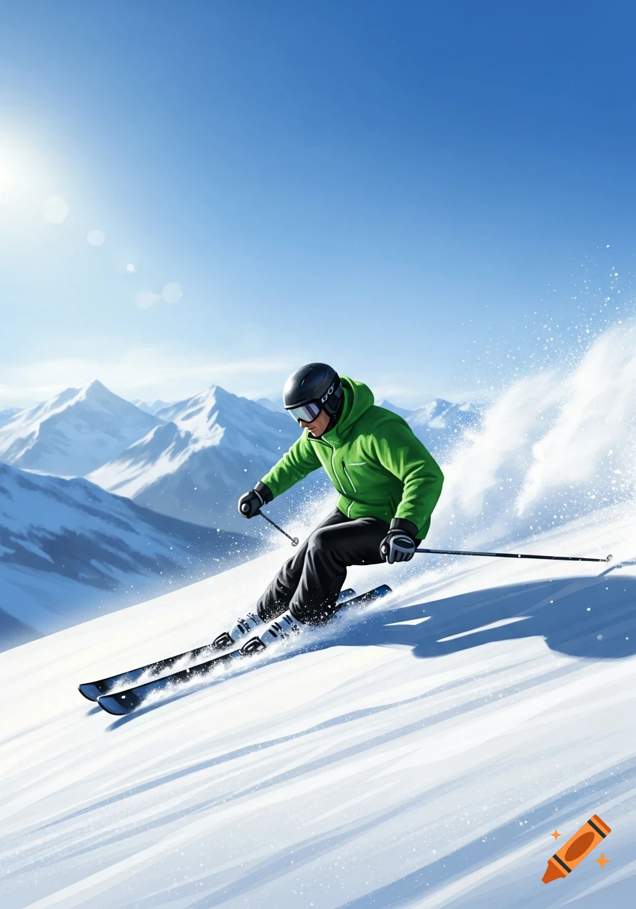 A skier in a green jacket and black pants glides down a snowy mountain slope under a blue sky, with distant peaks.