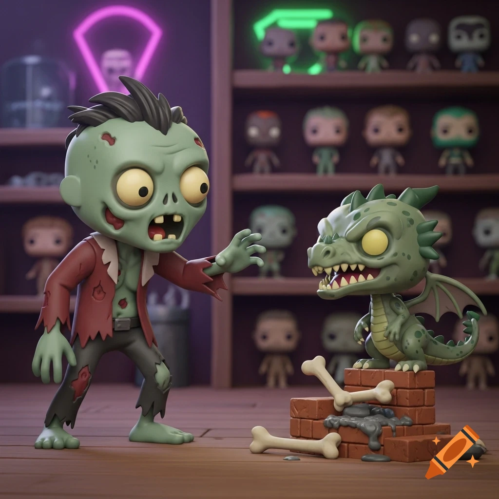 A cartoon zombie figure reaches towards a green dragon figure on brick steps with bones, in a room with shelves of blurred figures and neon lights.