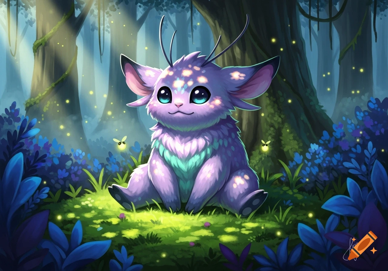 A cute, fluffy, purple and teal fantasy creature with big blue eyes sits in a glowing forest with fireflies, illustrated.