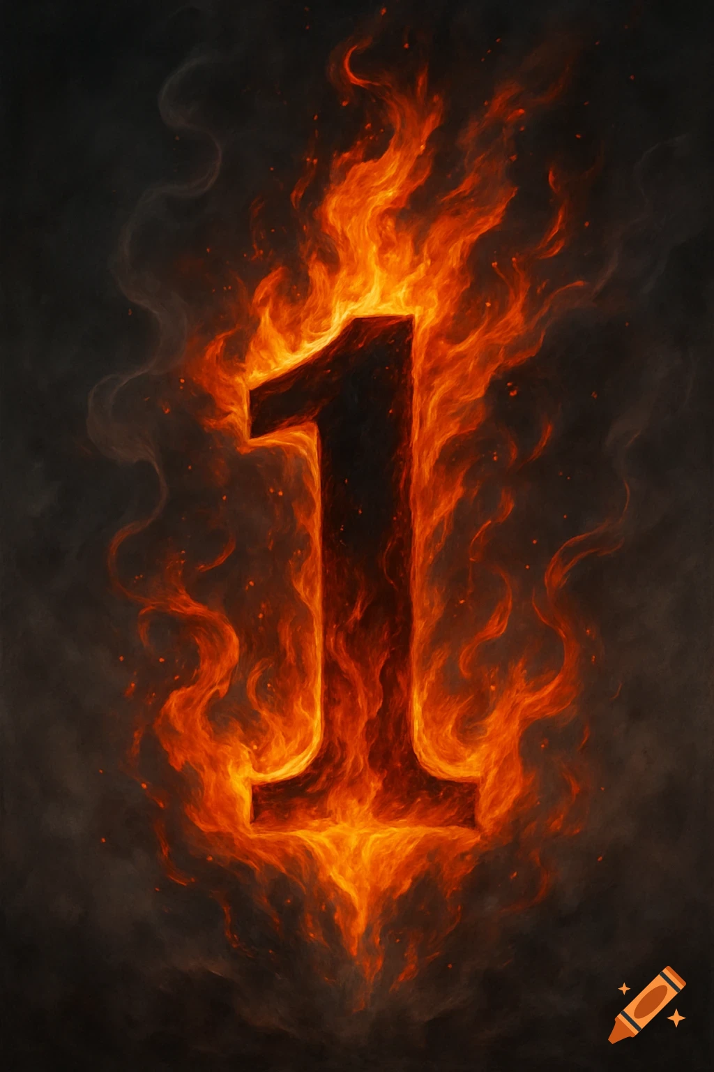 A fiery number 1 glows intensely on a dark, smoky background.