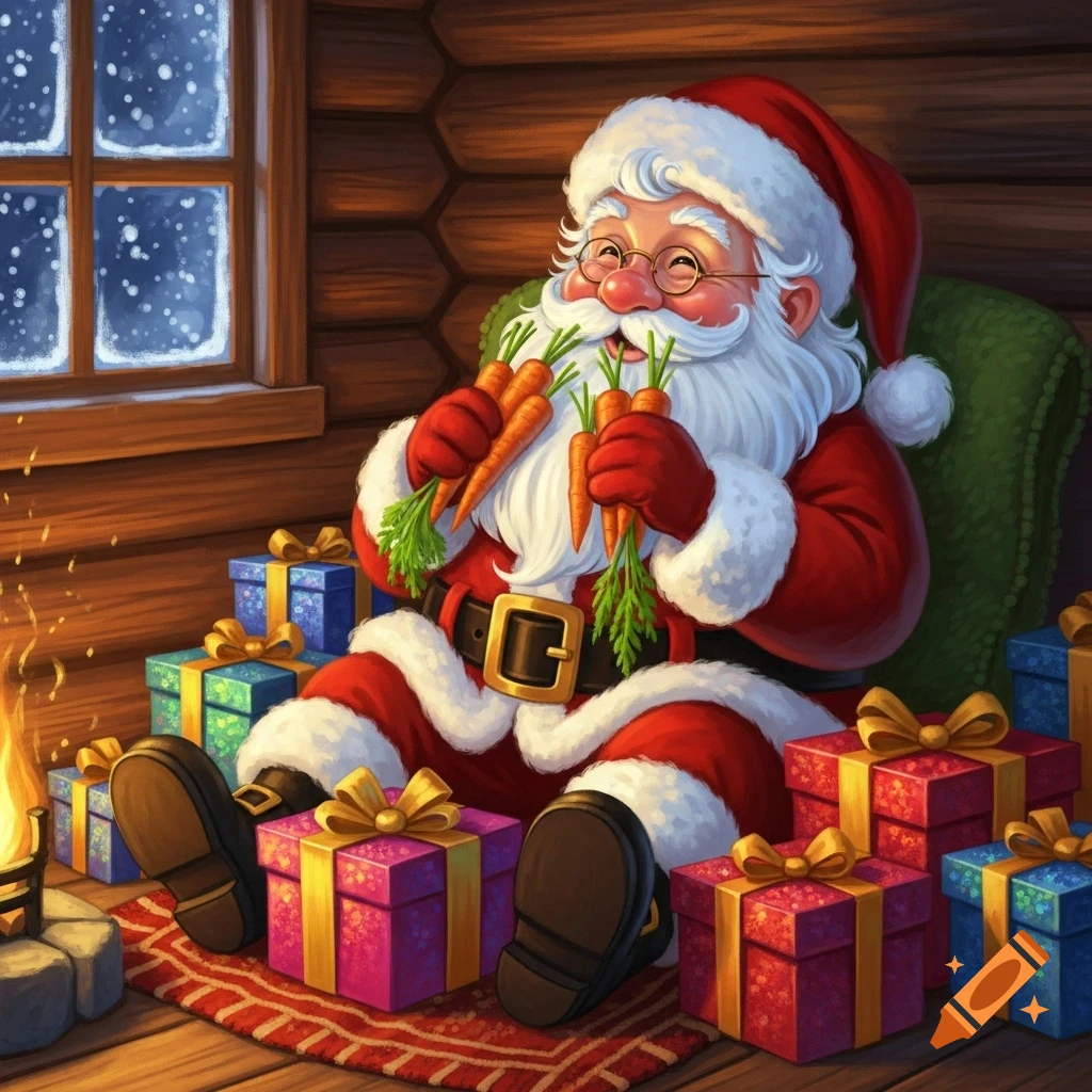 Santa Claus sits in a cozy log cabin, holding carrots, surrounded by colorful wrapped Christmas gifts next to a fireplace.