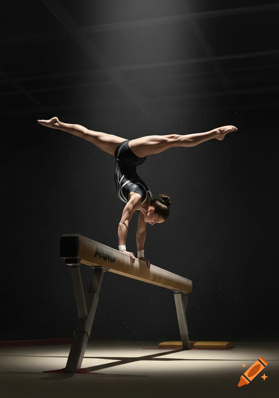 A female gymnast performing a handstand split on a balance beam in a dark, spotlighted arena.