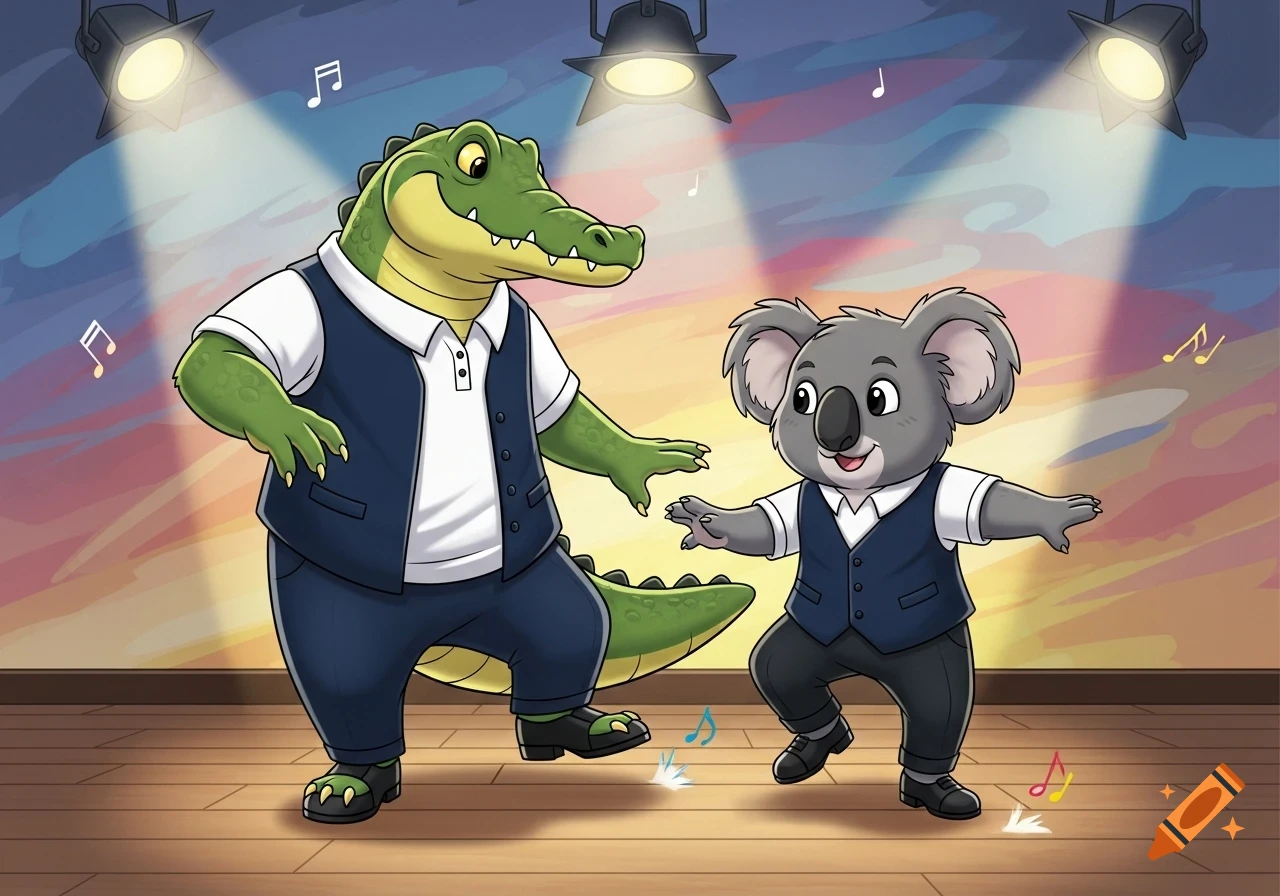 A happy 2D cartoon alligator and koala wearing vests and tap shoes, tap dancing on a stage under spotlights.