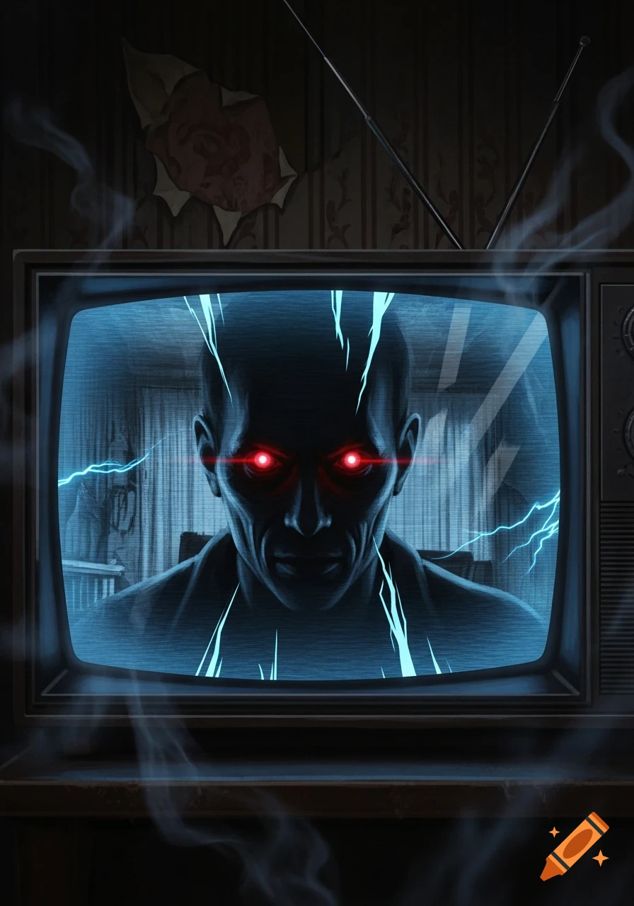 A dark, demonic man with glowing red eyes appears on an old television screen, surrounded by electricity and smoke. Digital horror art.