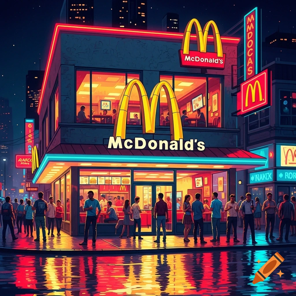 An evening illustration of a McDonald's restaurant on a city street, illuminated by neon lights and reflections on wet pavement, with people walking by.