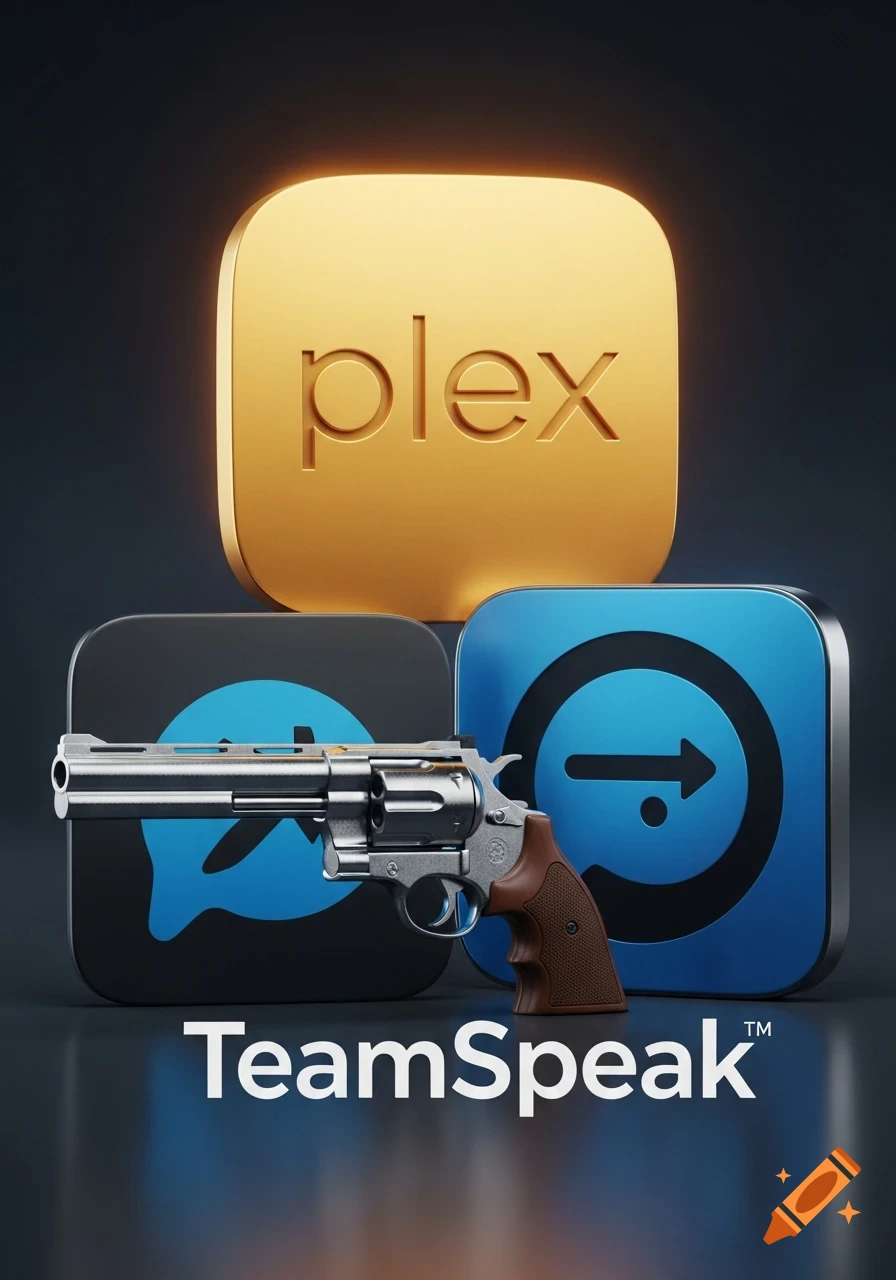 A photorealistic revolver in front of a golden Plex icon, two blue and black app icons, and the text 'TeamSpeak'.