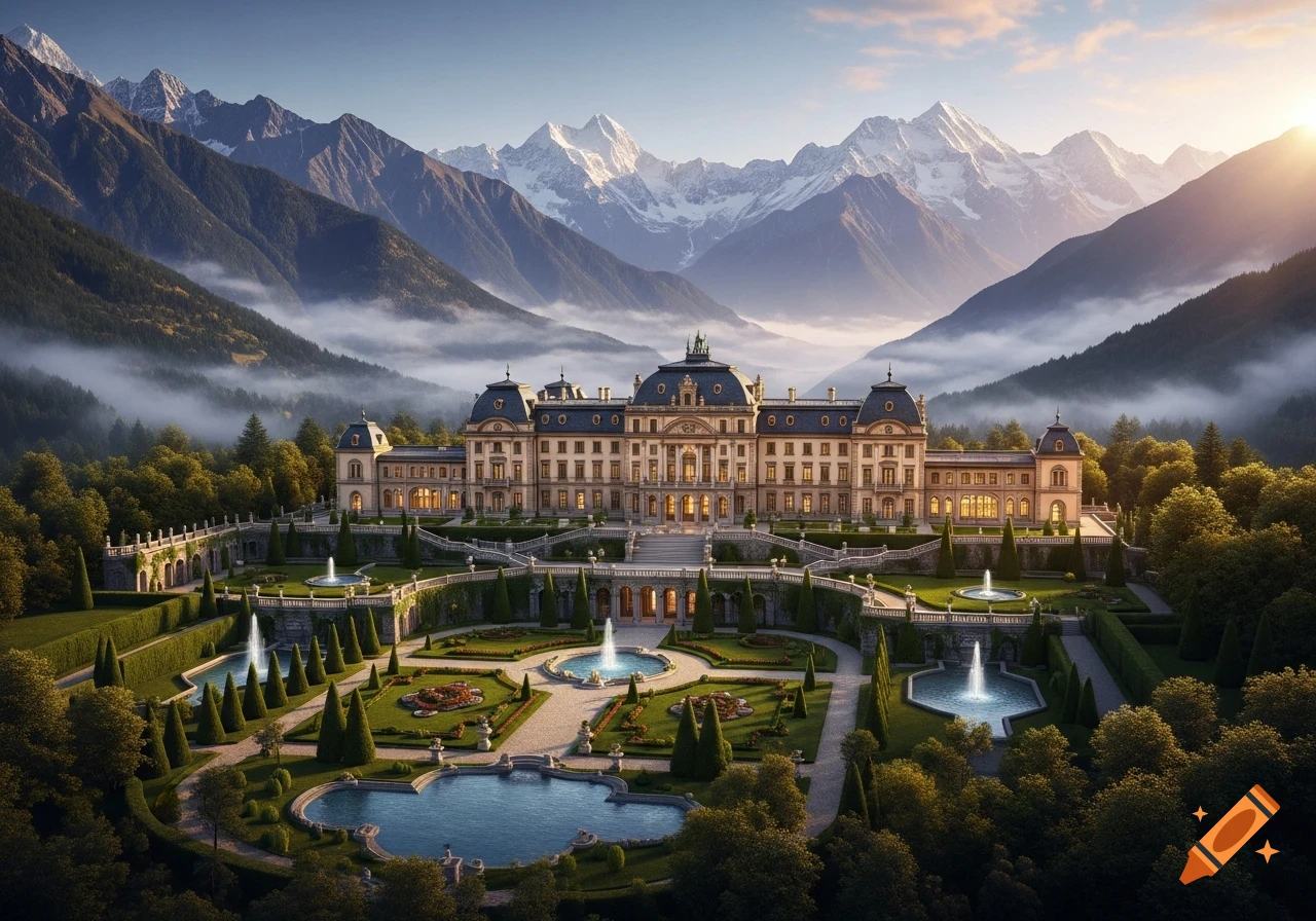 A grand photorealistic palace with elaborate terraced gardens, fountains, and pools, nestled in a misty mountain valley with snow-capped peaks at sunrise.