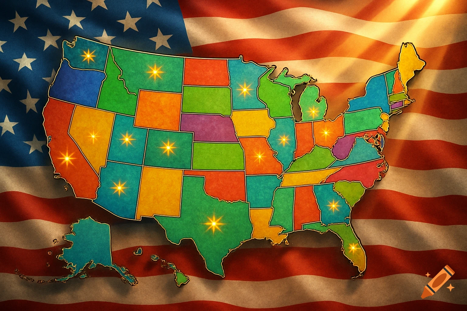 Colorful map of the United States with each state in a different color, overlaid on a waving American flag.