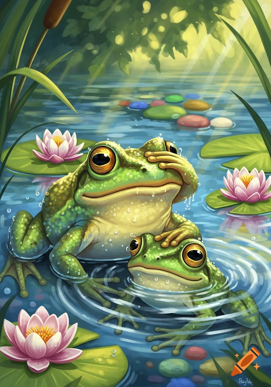 Stylized illustration of two green frogs playing in a pond with lily pads, one covering the other's eyes.