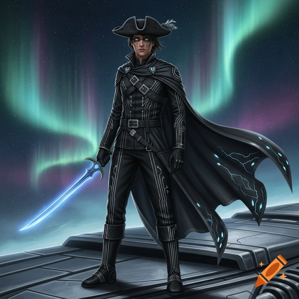 A dark-clad space pirate with a glowing blue sword stands under an aurora borealis in a starry night sky.