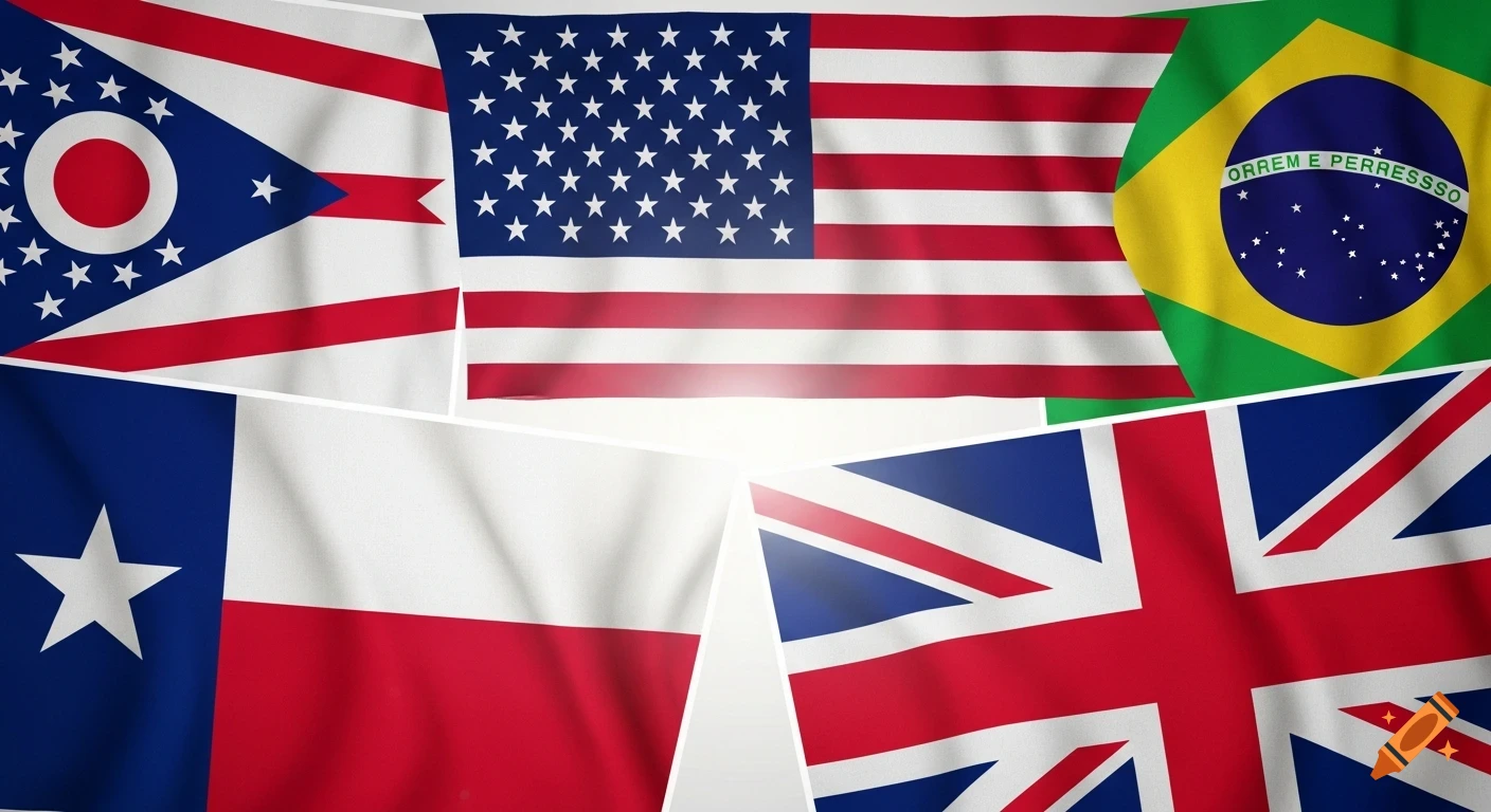 A collage of waving flags: Ohio, USA, Brazil, Texas, and the United Kingdom, featuring realistic fabric texture.
