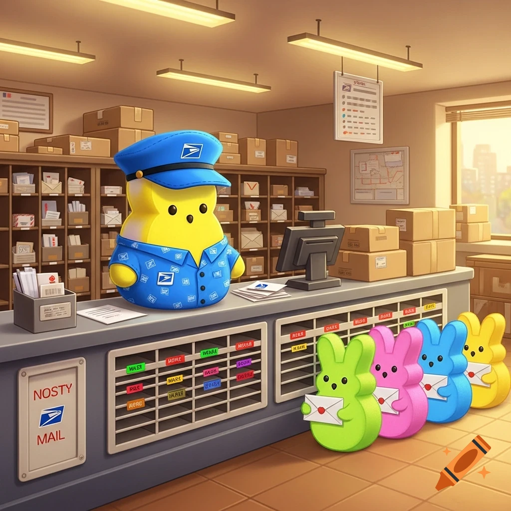 A yellow marshmallow Peep dressed as a USPS mail clerk stands behind a counter in a post office, with other colorful Peeps holding envelopes queuing up.