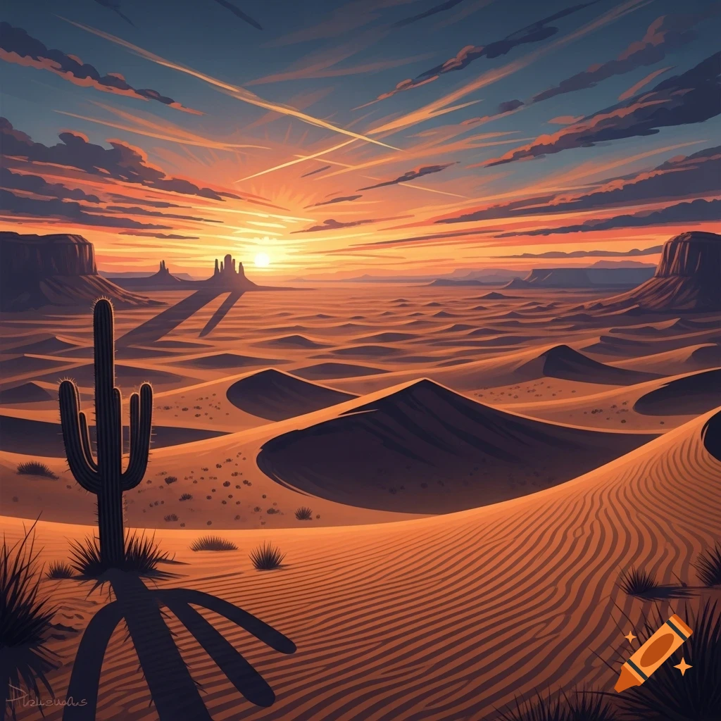 Stylized desert landscape at sunset with sand dunes, a cactus, and mesas under a vibrant orange and blue sky.
