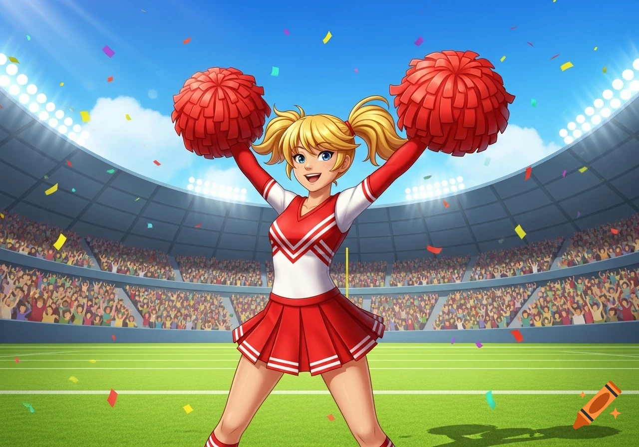 A cartoon blonde cheerleader in pigtails and a red and white uniform holds up two large red pompoms in a crowded stadium.