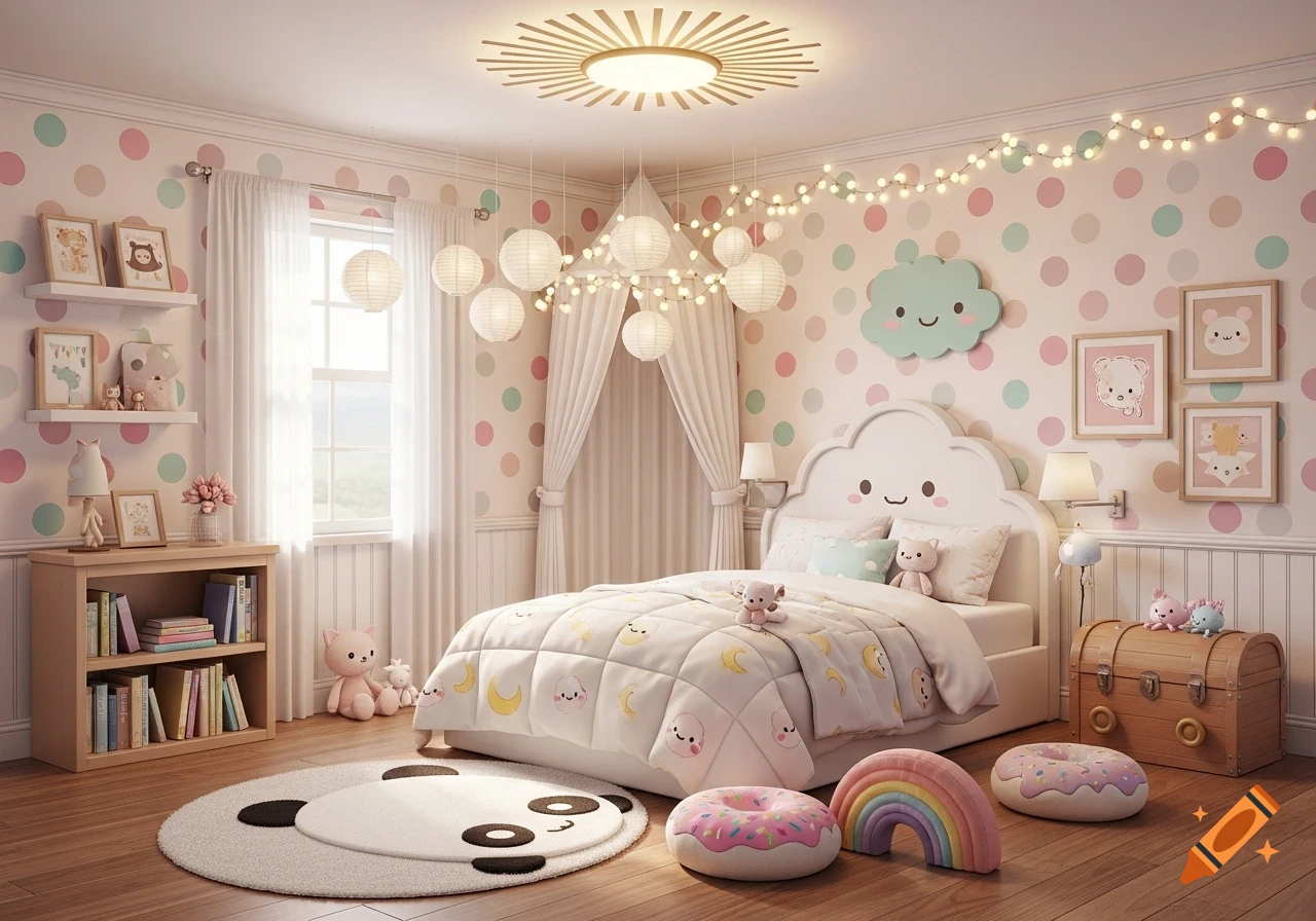A cute kawaii-style children's bedroom with polka dot walls, a cloud-shaped headboard, string lights, and pastel decor.
