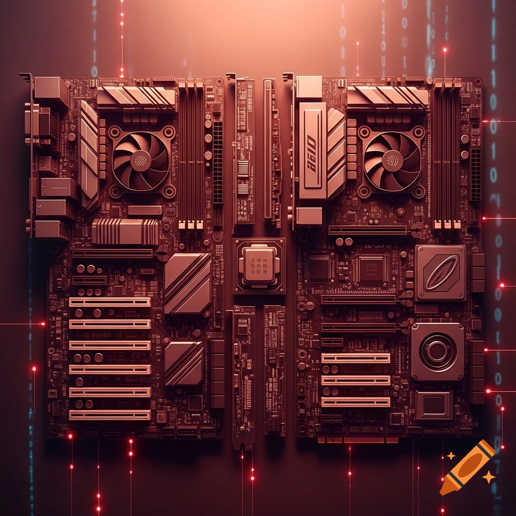 A detailed, top-down view of two interconnected computer motherboards with fans and various components, glowing with red lights and binary code in the background.