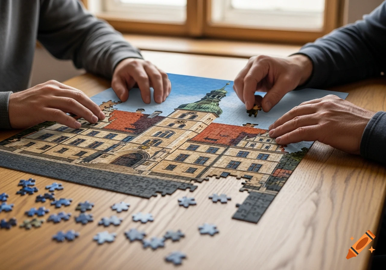 Close-up of two people's hands assembling a jigsaw puzzle of a historic town hall on a wooden table, with loose pieces scattered around.