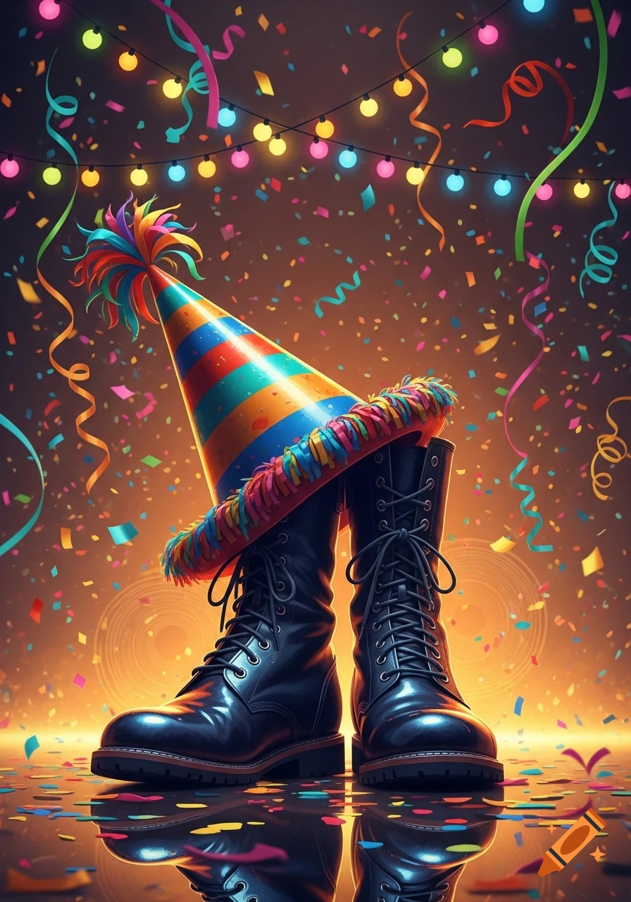 A vibrant party scene with a colorful striped party hat resting on a pair of black boots, surrounded by falling confetti and glowing string lights.