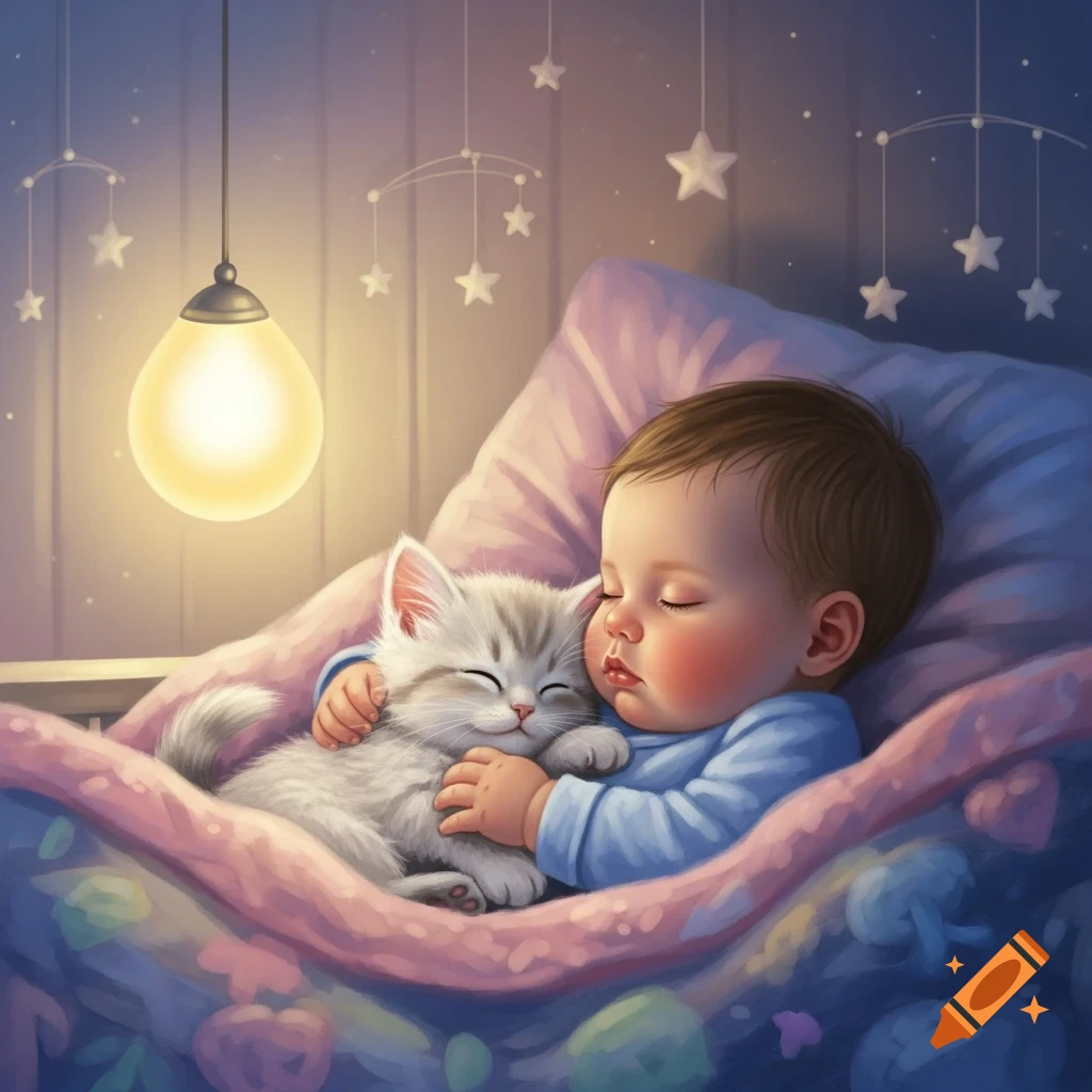 A baby and a fluffy kitten peacefully sleeping together in a crib under a warm light, with star mobiles.