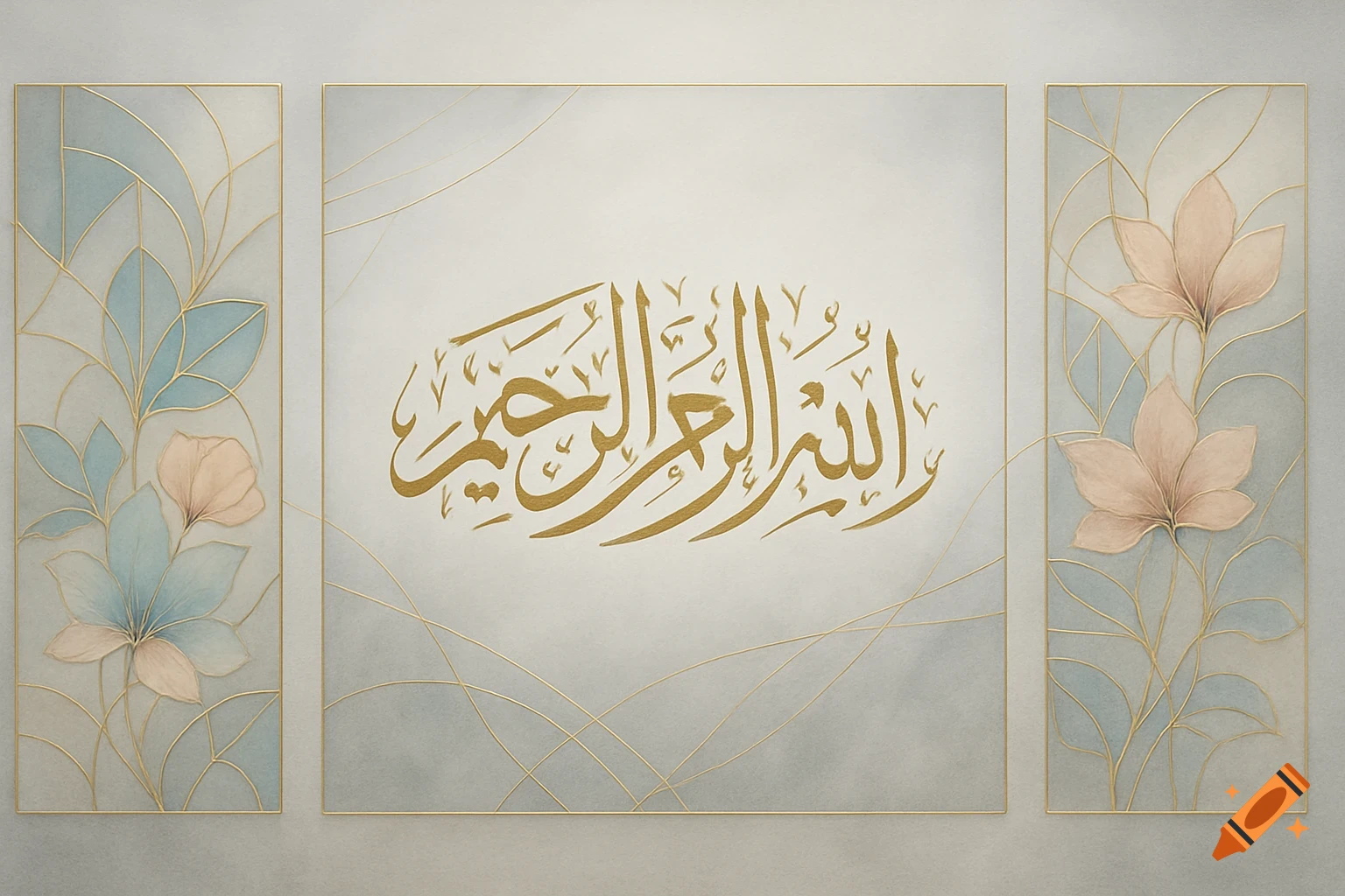 Three decorative panels with golden Arabic calligraphy 'Bismillah' in the center, flanked by pastel floral designs and connected by gold lines.