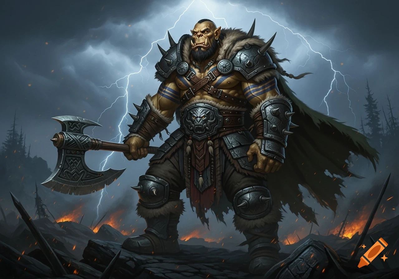A muscular orc warrior in spiked armor with an axe stands on a battlefield under a stormy sky with lightning.