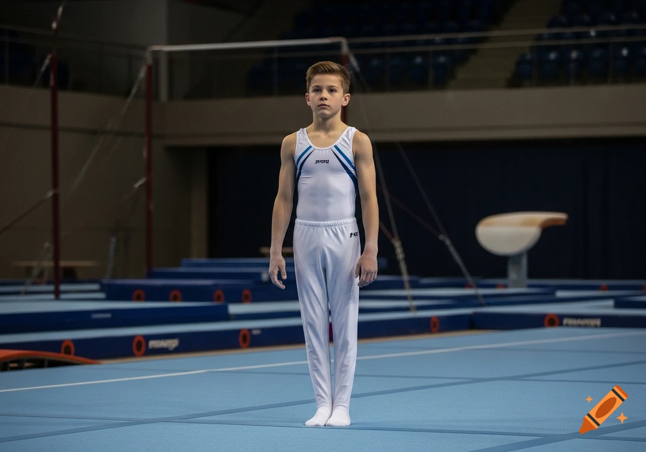 A young boy gymnast wearing a white leotard with blue accents stands on a blue mat in a gym, looking straight ahead.
