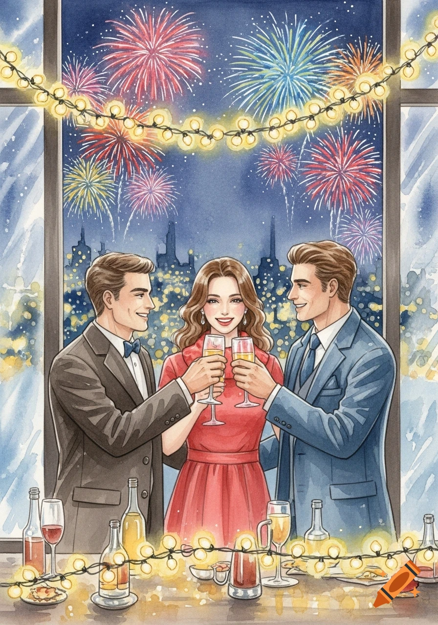Watercolor illustration of three people toasting with champagne during a festive celebration with fireworks and a city skyline.