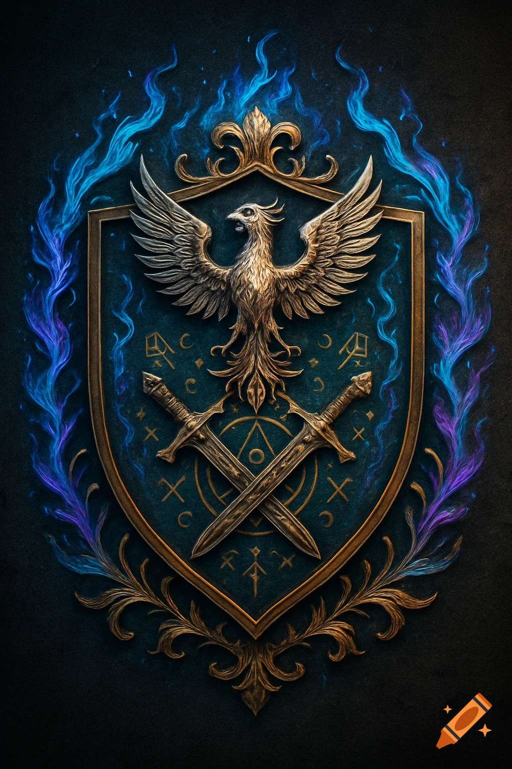 A golden phoenix with spread wings atop crossed swords on a teal shield, surrounded by glowing blue and purple magical flames.