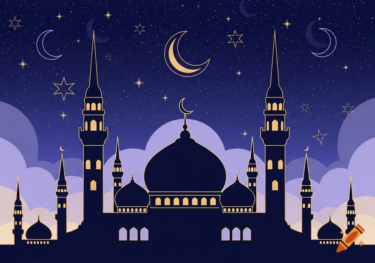 Stylized illustration of a mosque silhouette with domes and minarets against a starry night sky with crescent moons and clouds.