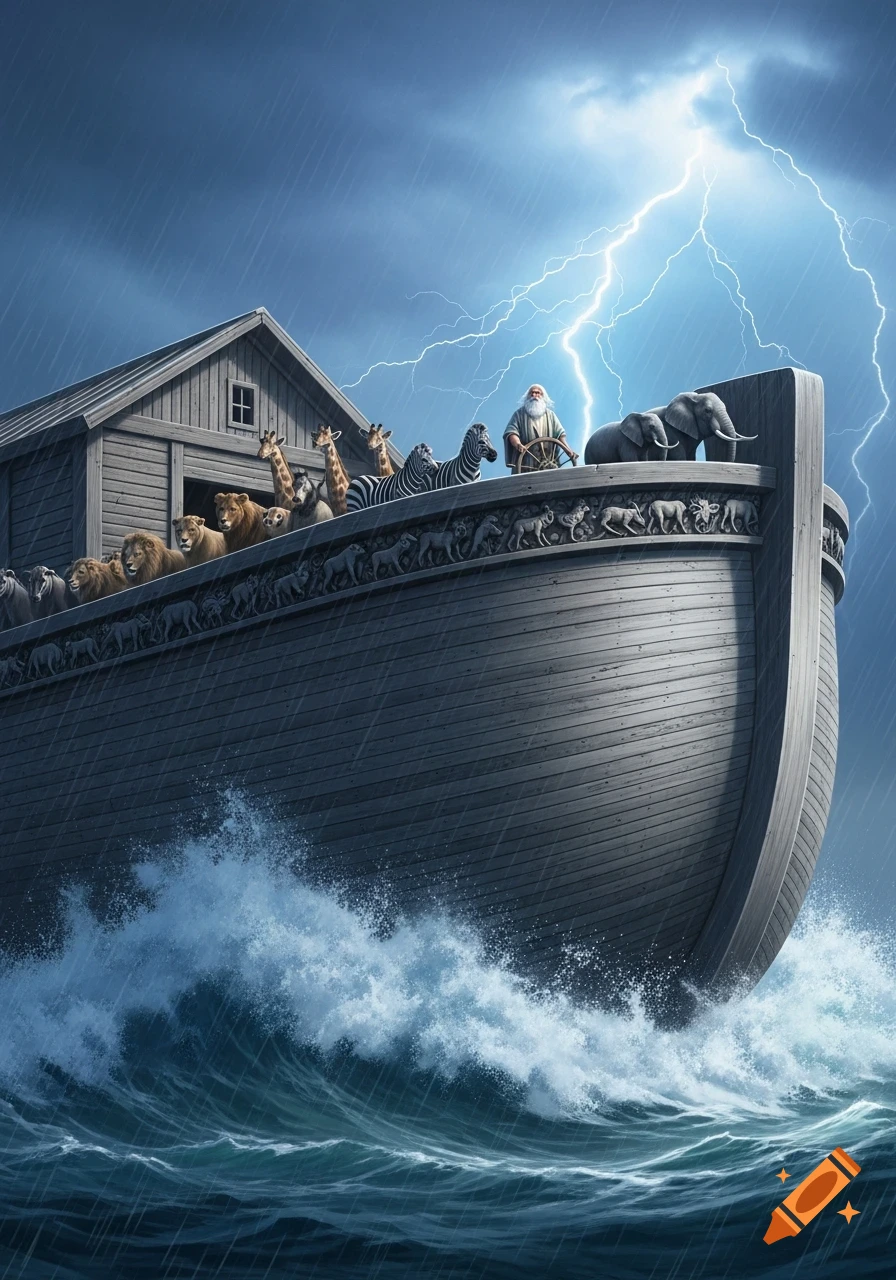 Noah steers his ark, filled with pairs of animals like lions, giraffes, zebras, and elephants, through a stormy sea with rain and lightning.