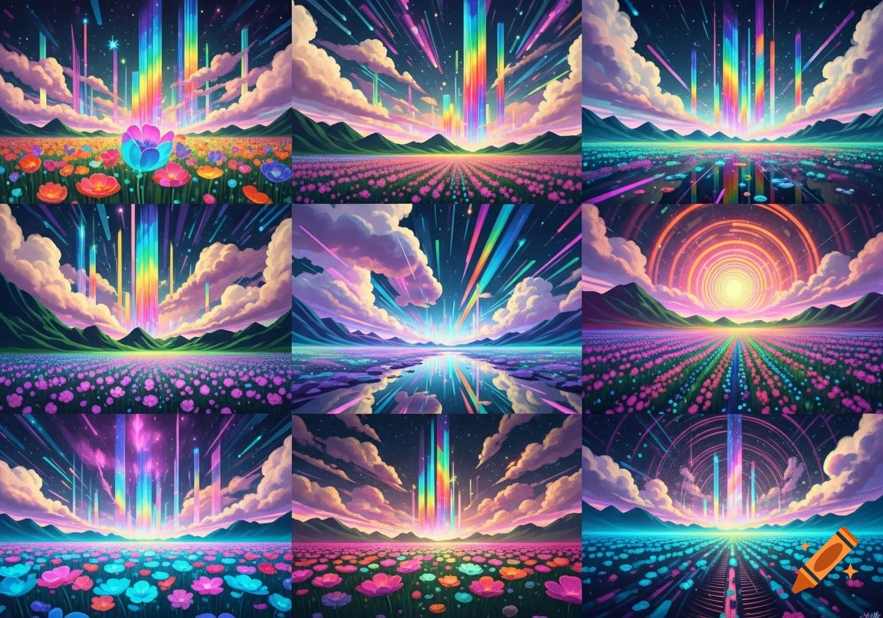 Grid of nine kaleidoscopic fantasy landscapes with luminous rainbow light beams, starry skies, glowing flowers, mountains, and some reflections.