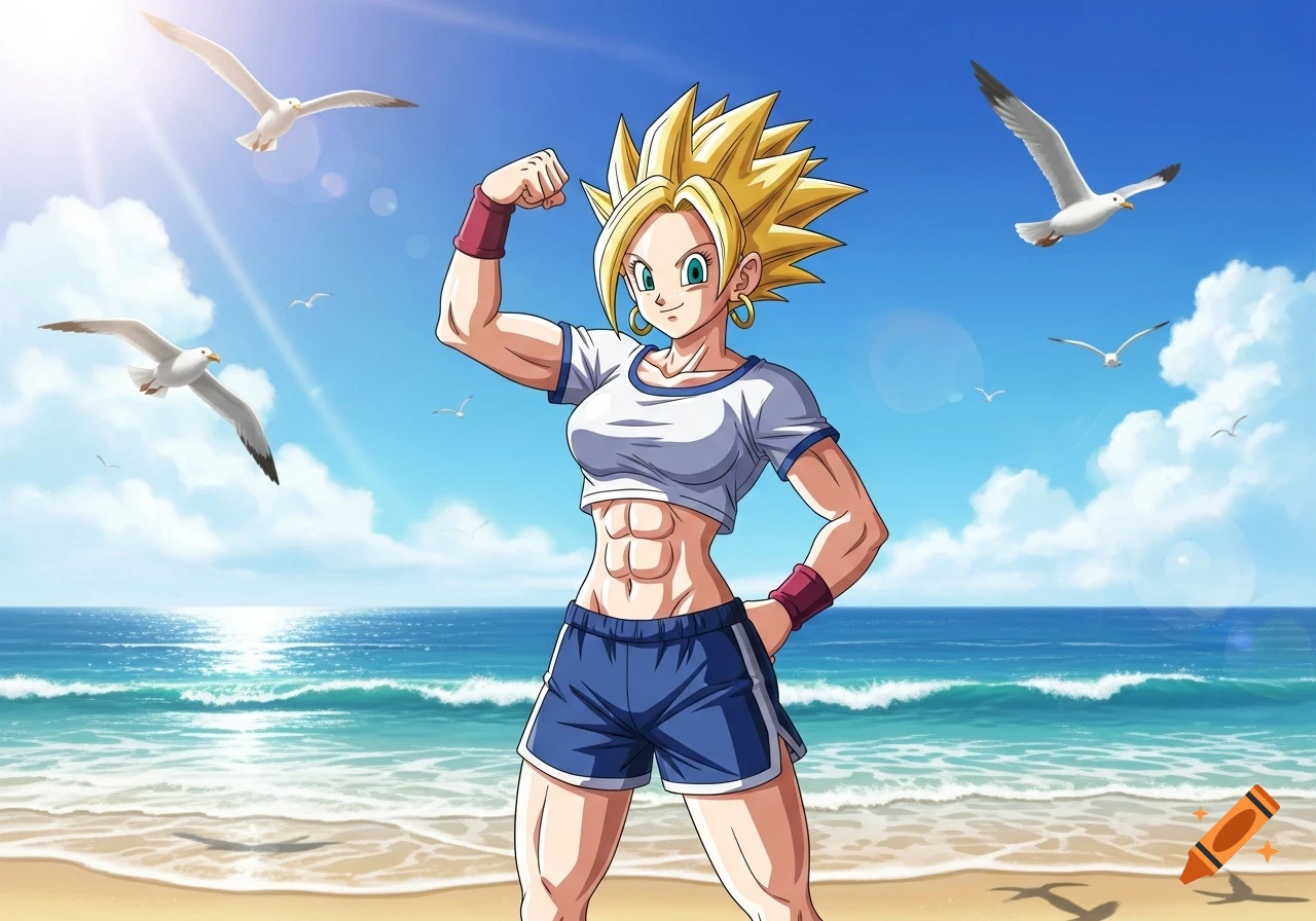An anime character with spiky blonde hair and a muscular physique flexes at a sunny beach with seagulls flying overhead.