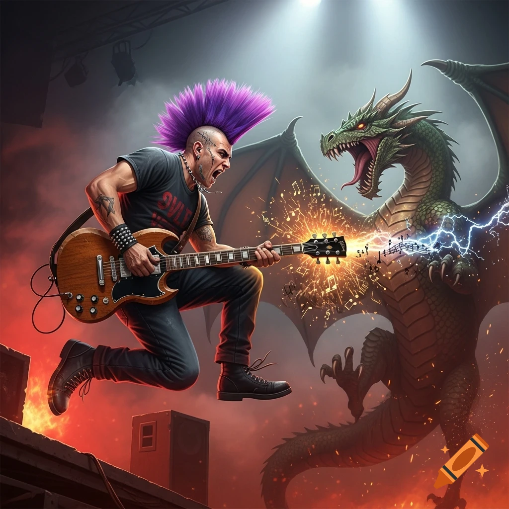 A hyperrealistic punk rocker with a purple mohawk jumps mid-air, playing an electric guitar against a green dragon emitting lightning and musical notes.