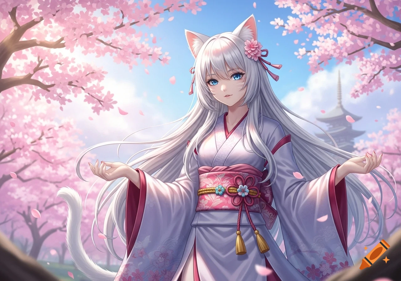 White-haired anime cat girl in a kimono standing under cherry blossom trees with a pagoda in the background.
