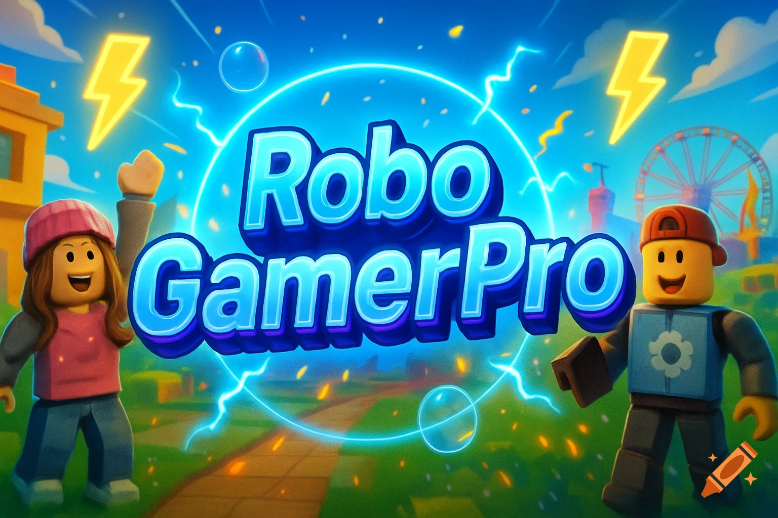 Roblox-themed YouTube banner with two blocky characters in a bright landscape, text 'Robo GamerPro' in the center.