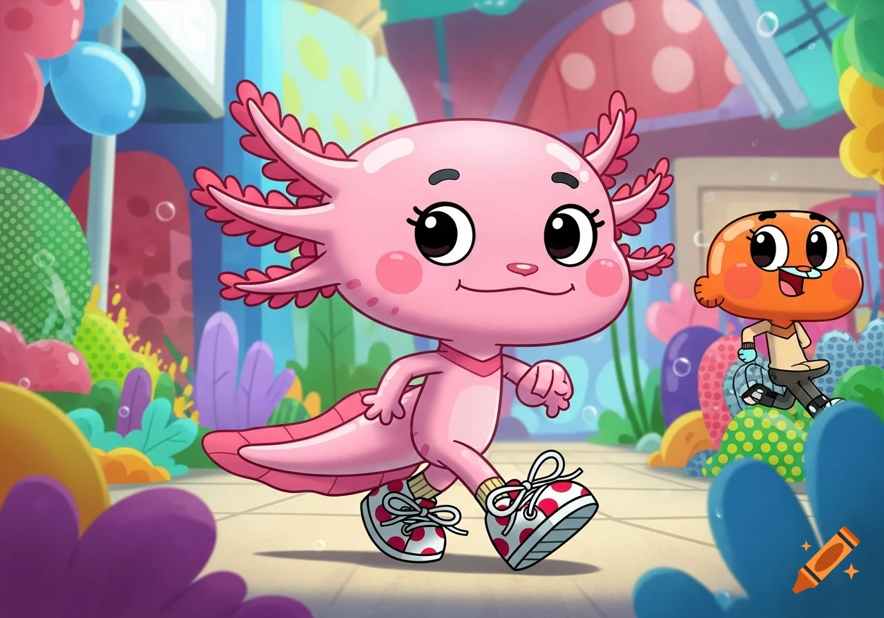 A pink cartoon axolotl in polka-dot sneakers walks through a vibrant, whimsical world, with Darwin from Gumball in the background.